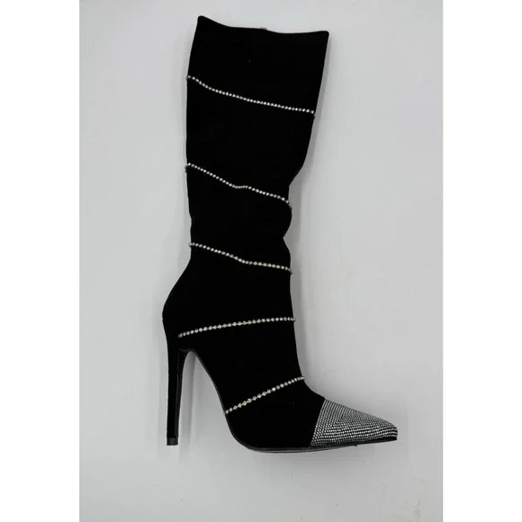 Lauren Lorraine Womens Boots Beyonce Black Rhinestones Knee Size 6.5 Statement - Picture 3 of 11